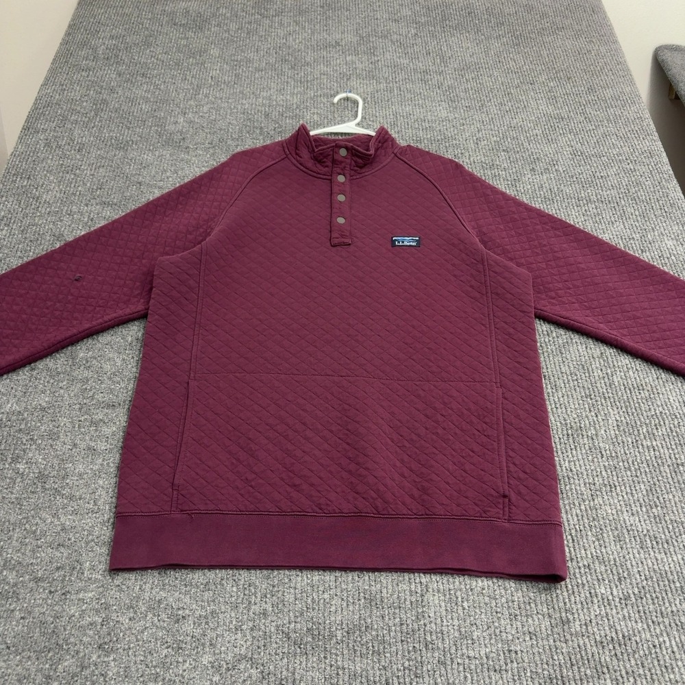 LL Bean Pullover Mens L Tall Maroon Cotton Polyester Quilted Snap Neck Casual